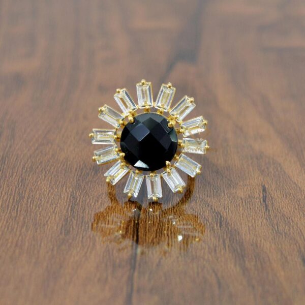 Gorgeous 18k Gold Plated Round Black Onyx Gemstone Floral Ring Wholesale Sterling Silver Sunflower Rings Jewelry for women
