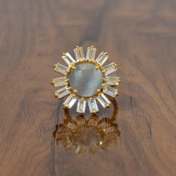 Beautiful 18k Gold Plated Round Gray Monalisa Gemstone Floral Ring 925 Sterling Silver Gray Gemstone Flower Adjustable Ring