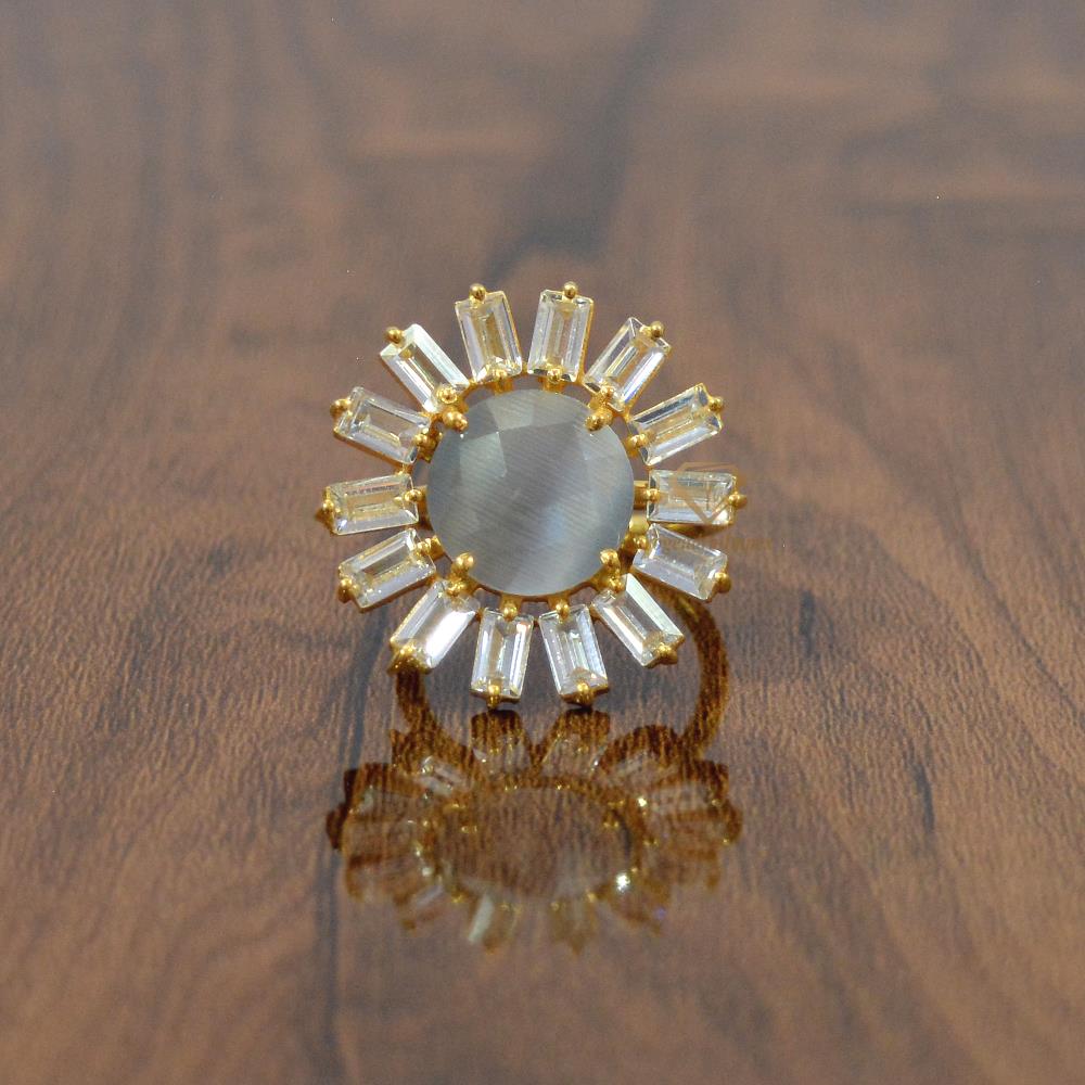 Beautiful 18k Gold Plated Round Gray Monalisa Gemstone Floral Ring 925 Sterling Silver Gray Gemstone Flower Adjustable Ring