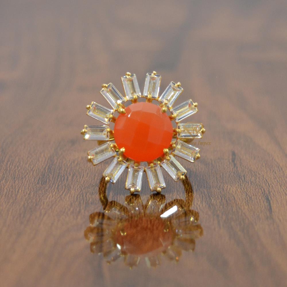 925 Sterling Silver Round Natural Carnelian Gemstone Adjustable Ring 18k Gold Plated with Orange Gemstone Floral Rings