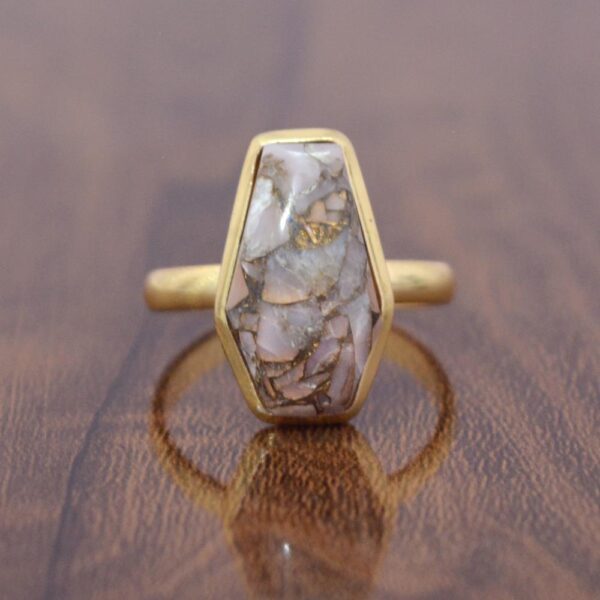 Handmade 18k Gold Plated Pink Opal Copper Coffin Gemstone Ring 925 Sterling Silver Bezel Ring Wholesale Coffin Gemstone Ring