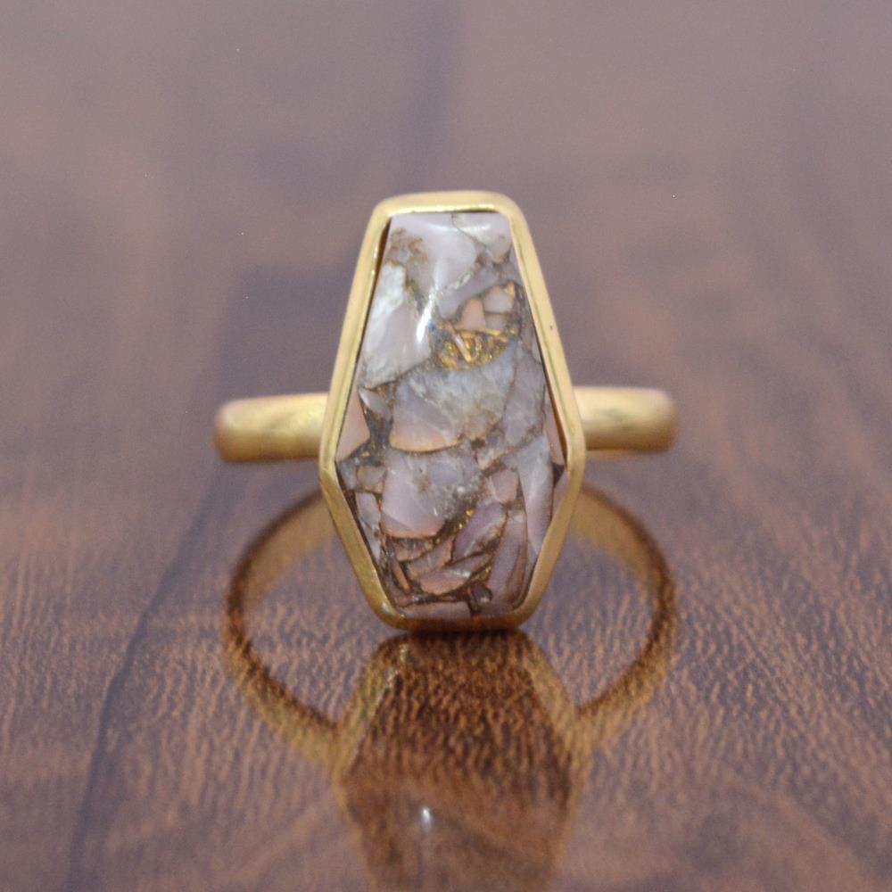 Handmade 18k Gold Plated Pink Opal Copper Coffin Gemstone Ring 925 Sterling Silver Bezel Ring Wholesale Coffin Gemstone Ring