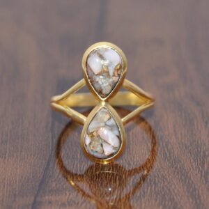 Handmade 925 Sterling Silver Pink Opal Copper Pear Gemstone Ring 18k Gold Plated Double Band Ring Wholesale Supplies
