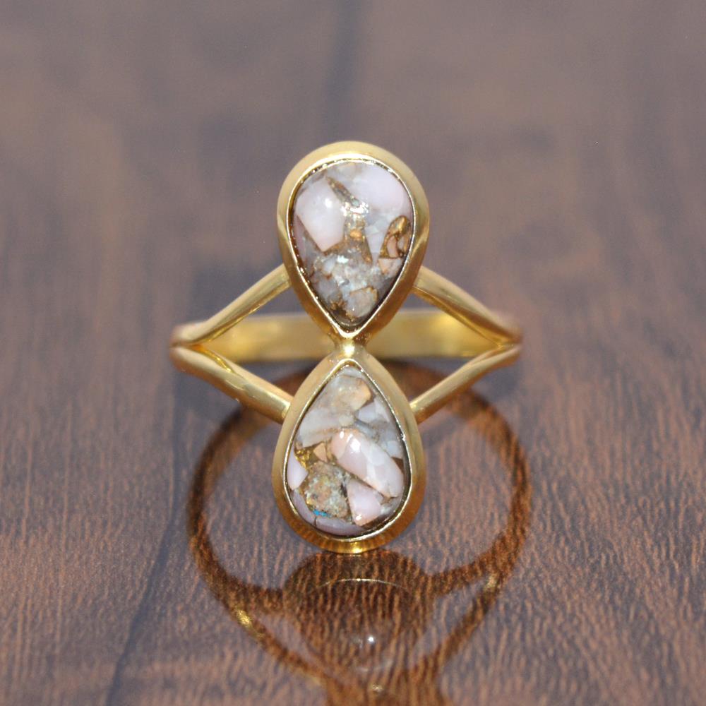 Handmade 925 Sterling Silver Pink Opal Copper Pear Gemstone Ring 18k Gold Plated Double Band Ring Wholesale Supplies