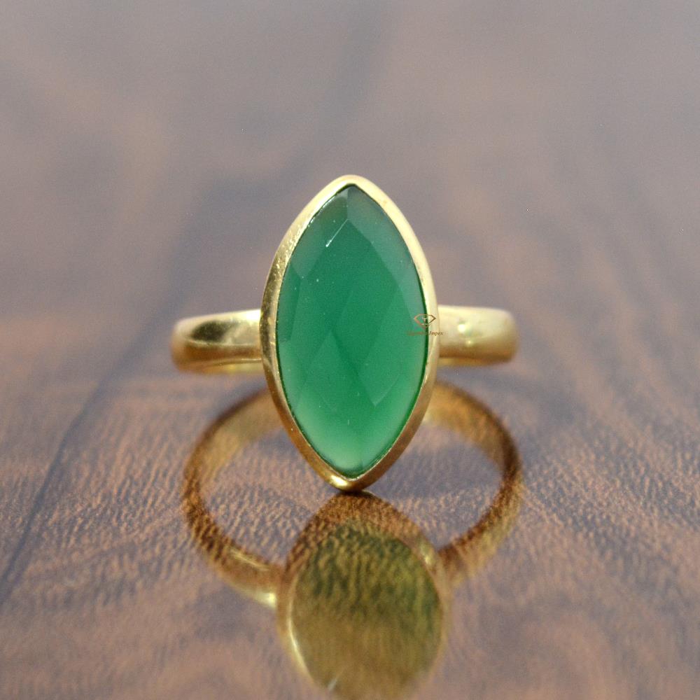 Marquise Shape Natural Green Onyx Gemstone Sterling Silver Ring Wholesale 18k Gold Plated Bezel Set Ring Supplier & Manufacturer