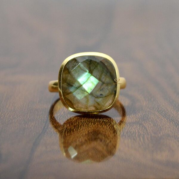 Handmade 18k Gold Plated Natural Labradorite Fire Gemstone Ring 925 Sterling Silver Bezel Set Ring Wholesale Supplies