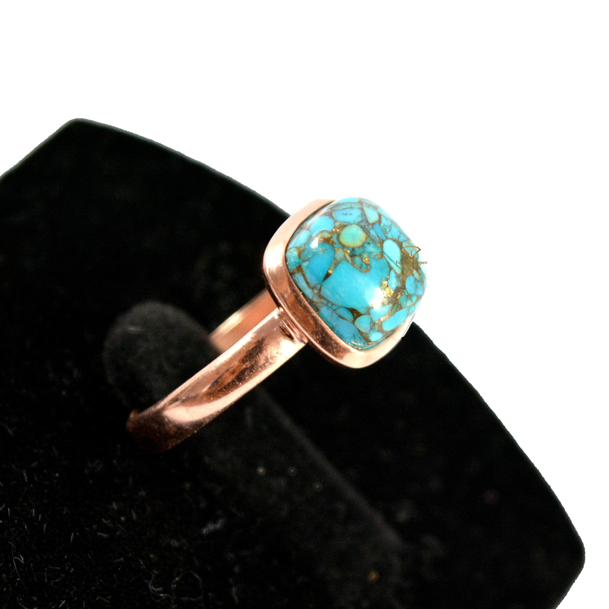 Handmade Rose Gold Plated Blue Copper Turquoise Cushion Gemstone Ring Wholesale 925 Sterling Silver Turquoise Bezel Rings