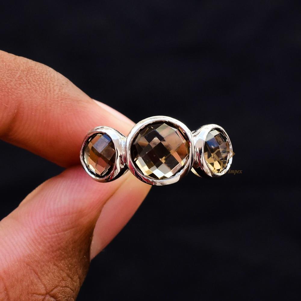 Three Stone Natural Smoky Quartz Gemstone Sterling Silver Ring Wedding Ring Jewelry For Suppliers & Manufacturer