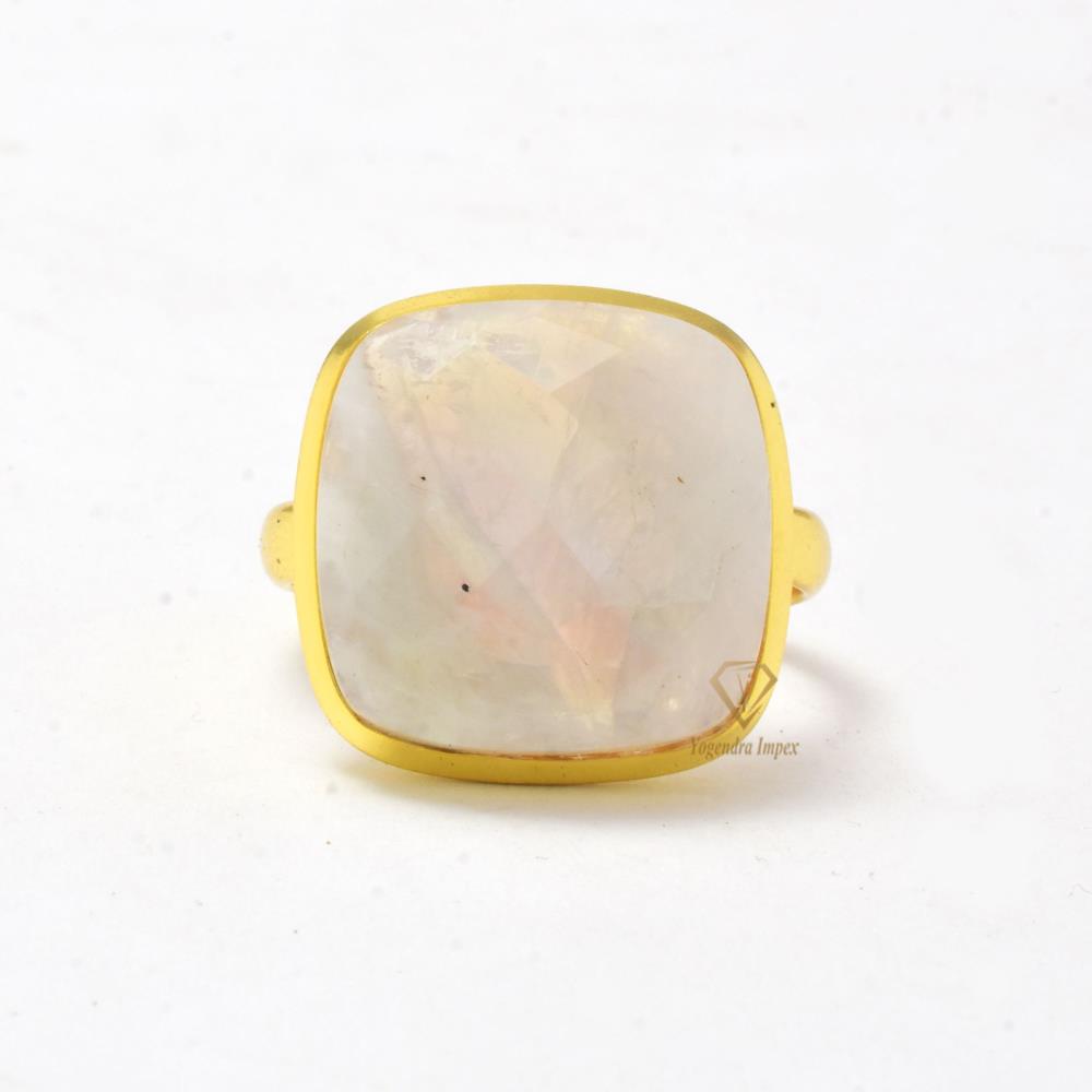 Top Quality Rainbow Moonstone Gemstone Silver 925 Sterling Gift Ring, Micron Gold Plated Bezel Set Handmade Ring For Wholesaler