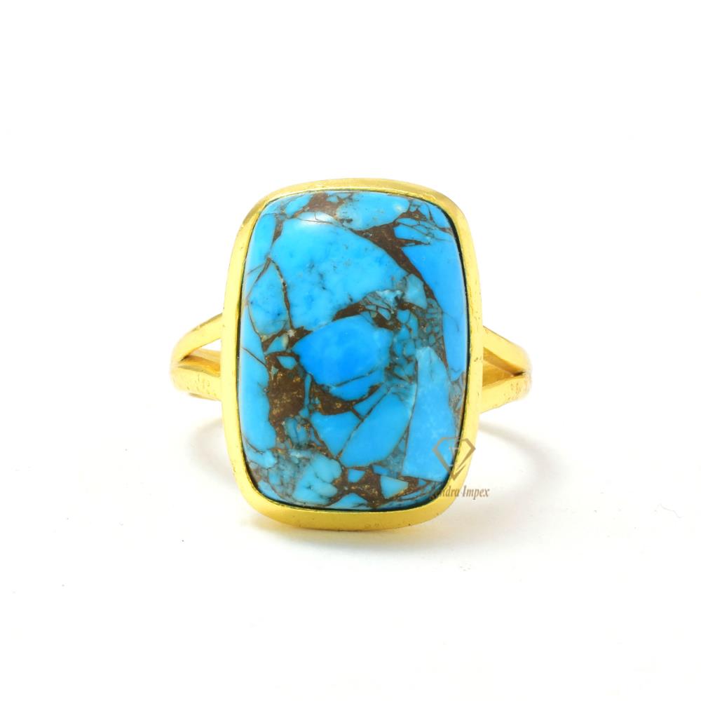 Handmade 18k Gold Plated Blue Copper Turquoise Cushion Gemstone Ring Wholesale 925 Sterling Silver Turquoise Ring For Suppliers