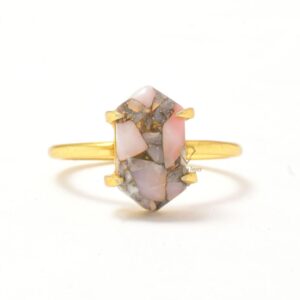 Handmade Pink Opal Copper Hexagon Gemstone 925 Sterling Silver Ring 18k Gold Plated Hexagon Shape Gemstone Prong Set Ring
