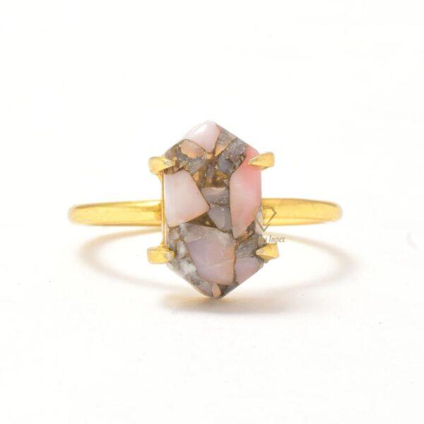 Handmade Pink Opal Copper Hexagon Gemstone 925 Sterling Silver Ring 18k Gold Plated Hexagon Shape Gemstone Prong Set Ring