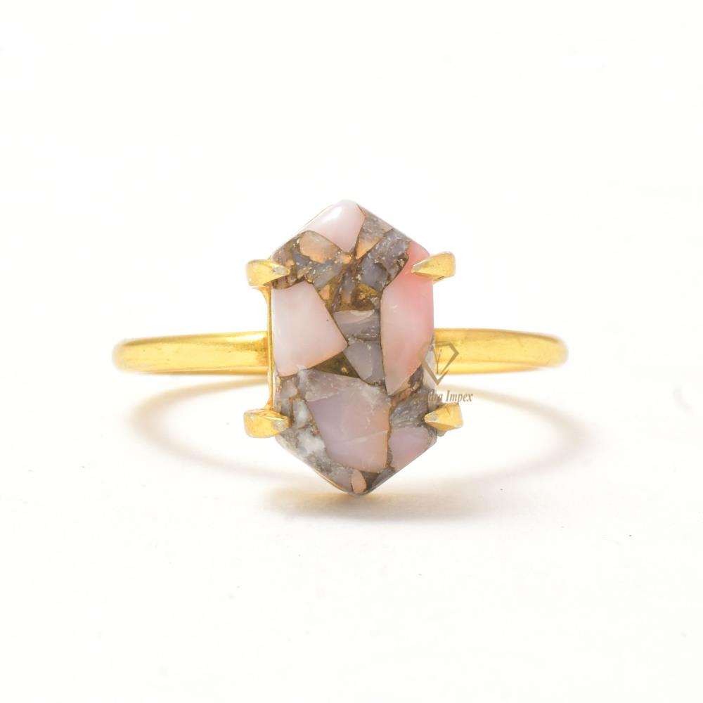 Handmade Pink Opal Copper Hexagon Gemstone 925 Sterling Silver Ring 18k Gold Plated Hexagon Shape Gemstone Prong Set Ring