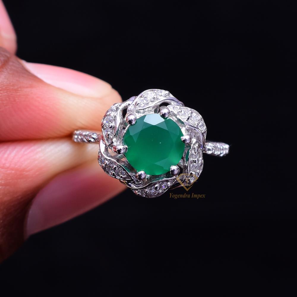 Handmade Natural Green Onyx Gemstone 925 Sterling Silver Ring Round Green Gemstone Wedding Ring Jewelry For Wholesale Suppliers