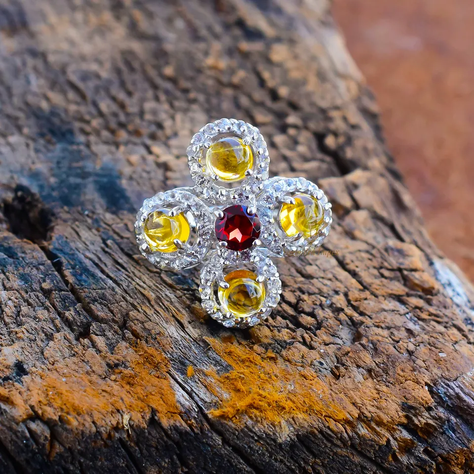 3A+ Quality Natural Citrine & Red Garnet Gemstone Ring Gorgeous 925 Sterling Silver Wedding Ring For Wholesale Suppliers