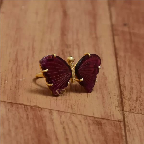 Butterfly Pink Tourmaline Carved Gemstone 925 Sterling Silver Ring