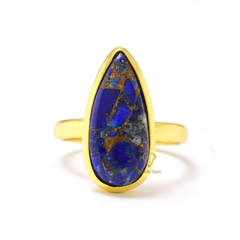 Long Pear Shape 18k Gold Plated Copper Lapis Lazuli Gemstone Ring Sterling Silver Blue Gemstone Ring For Wholesaler Supplier