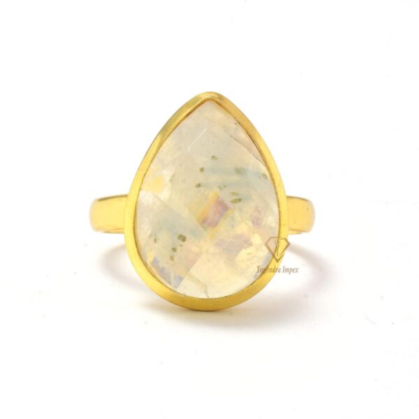 18k Gold Plated Rainbow Moonstone Gemstone 925 Sterling Silver Bezel Ring Handmade Pear Shape Moonstone Ring For Wholesale
