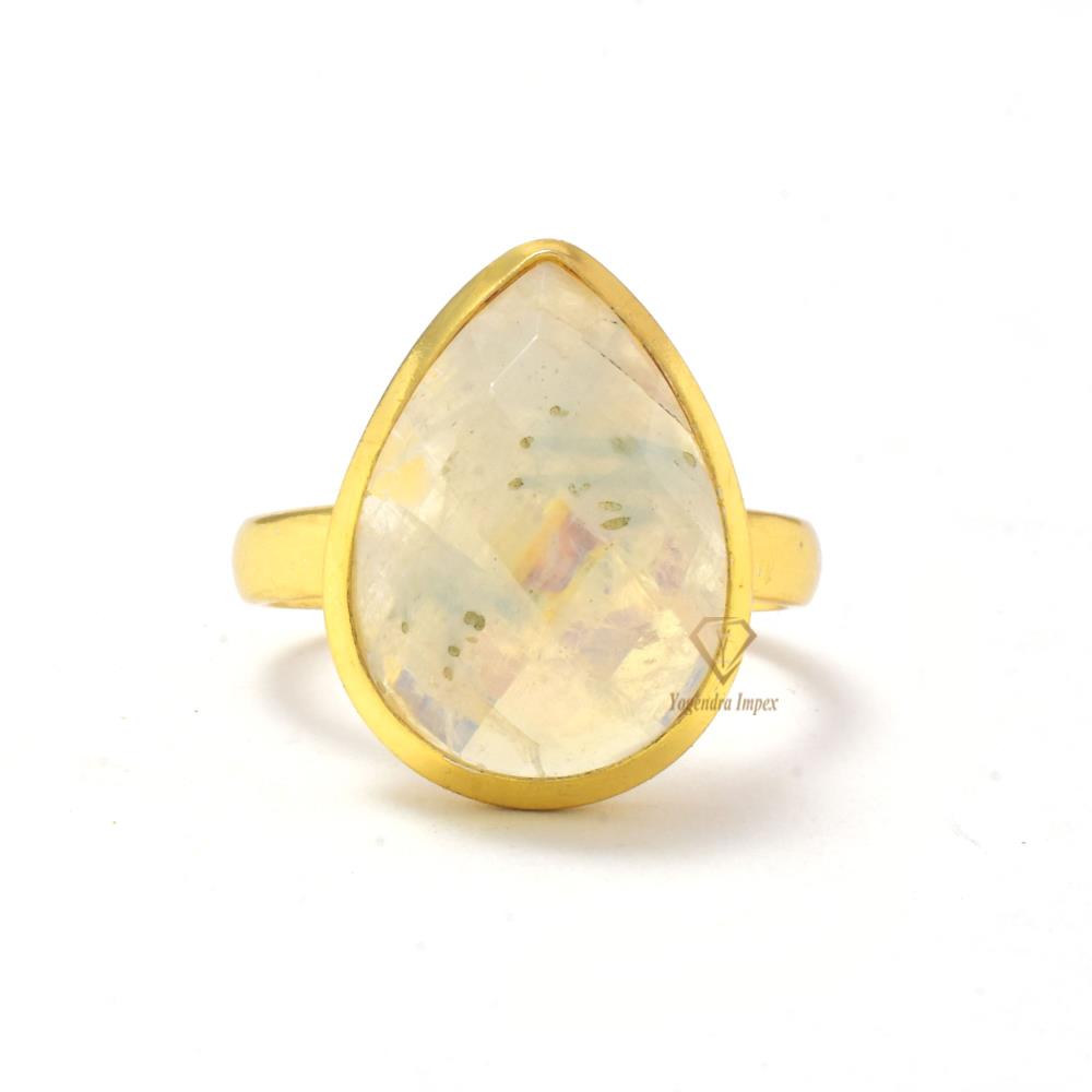 18k Gold Plated Rainbow Moonstone Gemstone 925 Sterling Silver Bezel Ring Handmade Pear Shape Moonstone Ring For Wholesale