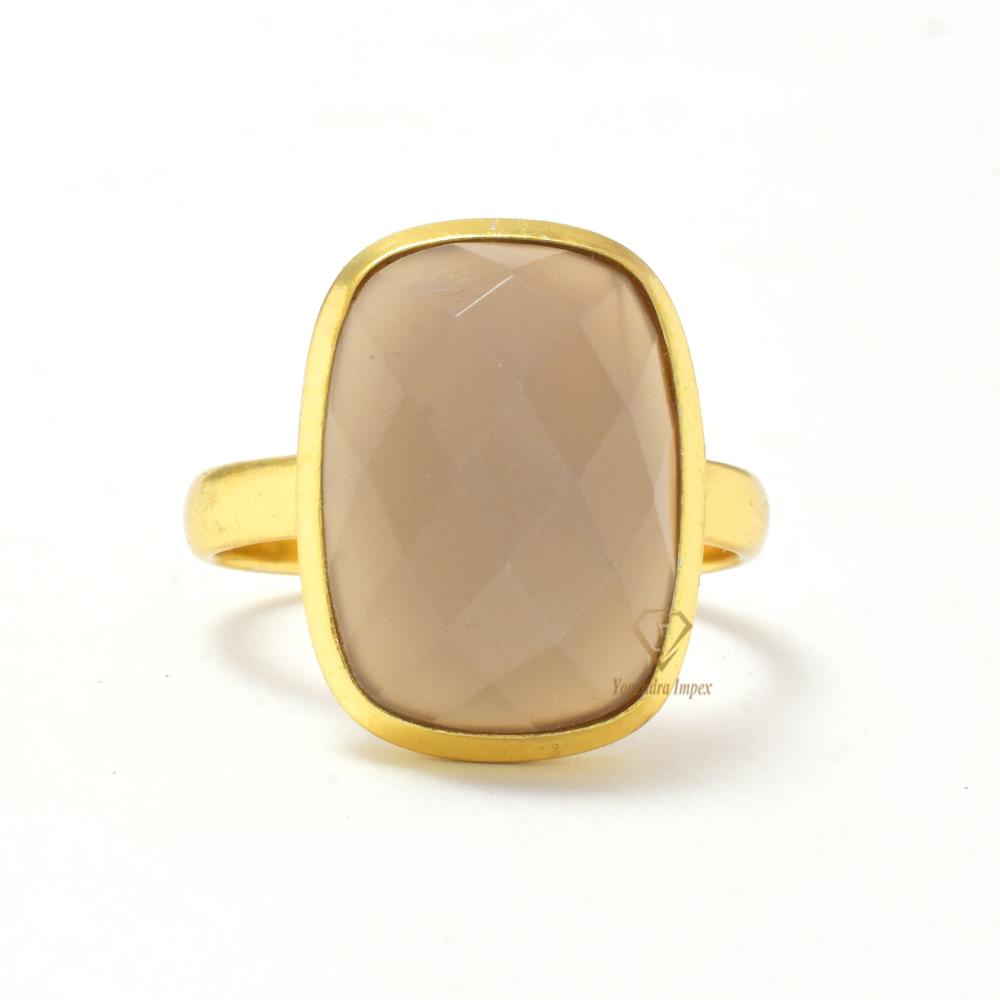 Cushion Natural Gray Moonstone Gemstone Ring Handmade Silver 18k Micron Gold Plated Solitaire Gemstone Ring For Wholesaler