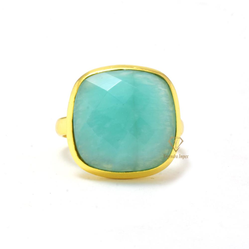 Elegant Cushion Shape 18k Gold Plated Natural Amazonite Gemstone Ring Wholesale 925 Sterling Silver Amazonite Ring