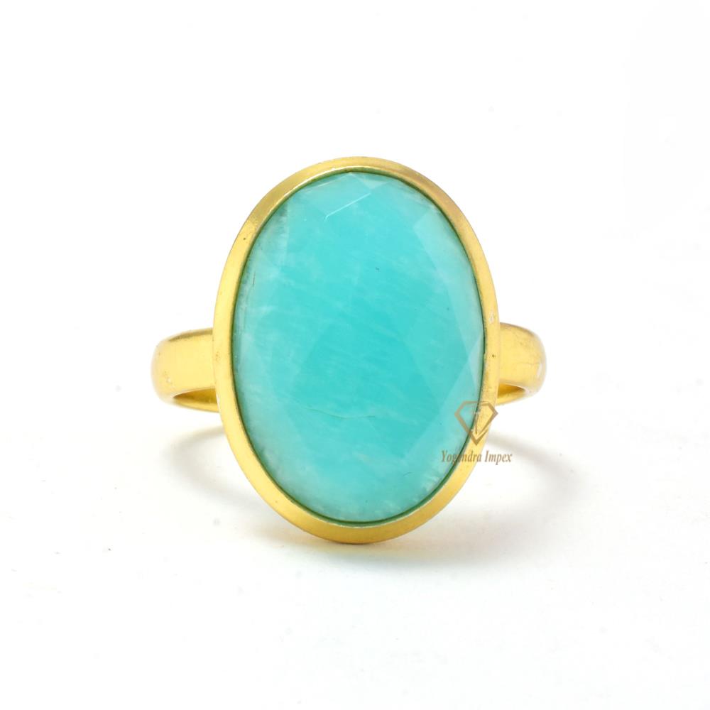 Handmade Natural Amazonite Gemstone 925 Sterling Silver Ring 18k Gold Plated Blue Gemstone Ring Jewelry For Wholesale Suppliers