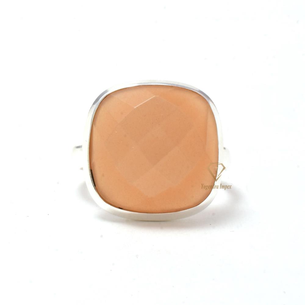 Cushion Shape Peach Moonstone Gemstone Ring 925 Sterling Silver Handmade Bezel Set Silver Ring Jewelry For Wholesaler