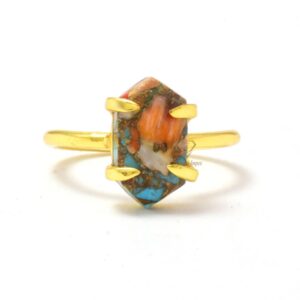 Handmade Spiny Blue Oyster Copper Turquoise Hexagon Gemstone Rings Wholesale 925 Sterling Silver Prong Set Ring Supplier