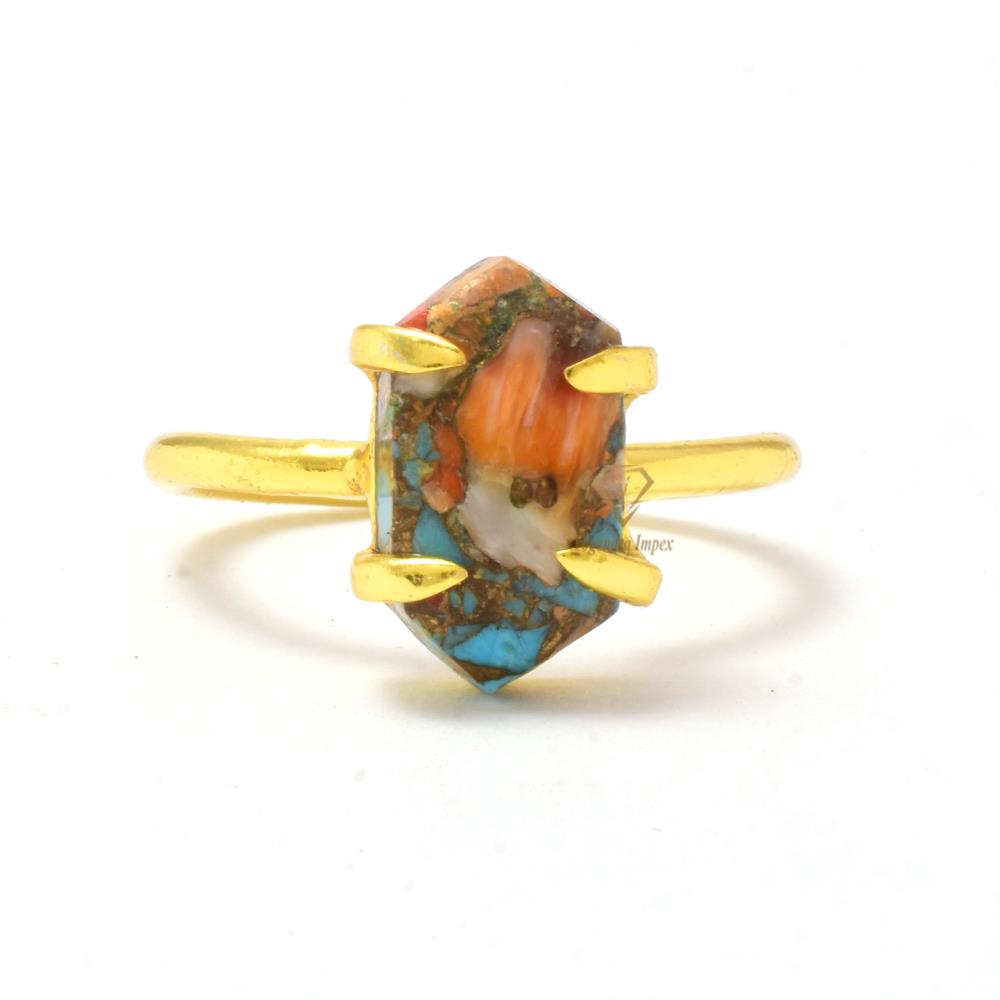 Handmade Spiny Blue Oyster Copper Turquoise Hexagon Gemstone Rings Wholesale 925 Sterling Silver Prong Set Ring Supplier