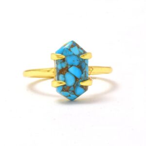 Hexagon Blue Copper Turquoise Gemstone 18k Gold Plated Ring, Handmade Prong Set Turquoise Rings Jewelry Wholesale Supplier