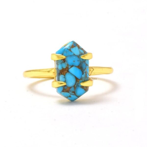 Hexagon Blue Copper Turquoise Gemstone 18k Gold Plated Ring, Handmade Prong Set Turquoise Rings Jewelry Wholesale Supplier