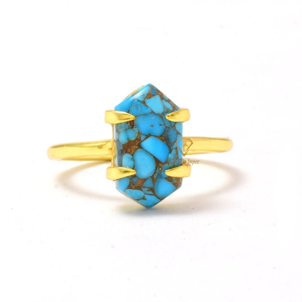 Hexagon Blue Copper Turquoise Gemstone 18k Gold Plated Ring, Handmade Prong Set Turquoise Rings Jewelry Wholesale Supplier