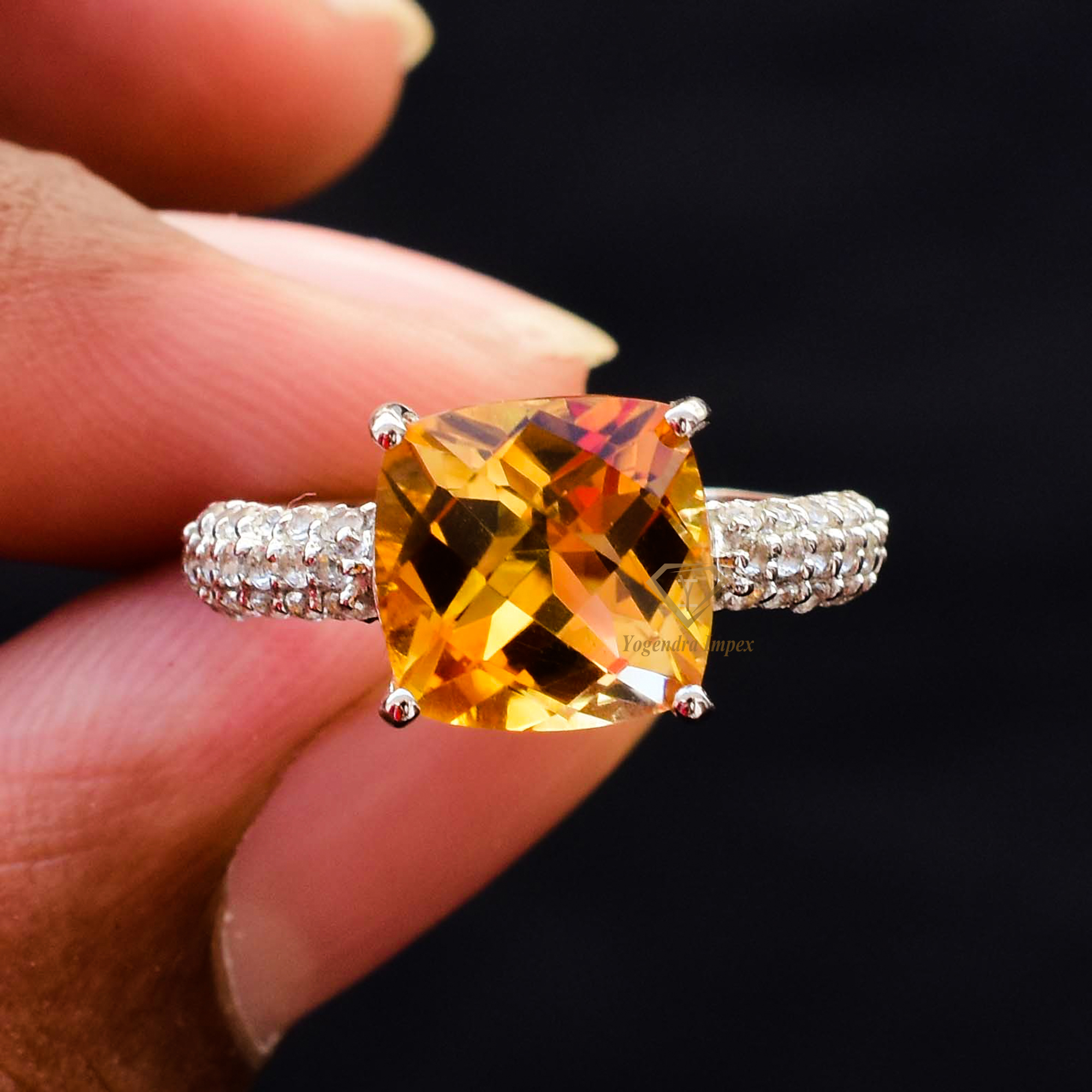 Cushion Natural Citrine Gemstone With Rhodium Plated Ring 925 Sterling Silver Gorgeous Ring For Wholesale Suppliers