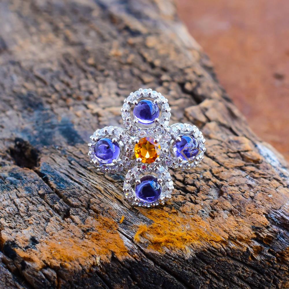 High Quality Natural Flower Iolite Cabochon Gemstone Ring Sterling Silver Round Shape White Rhodium Plated Flower Ring Supplier