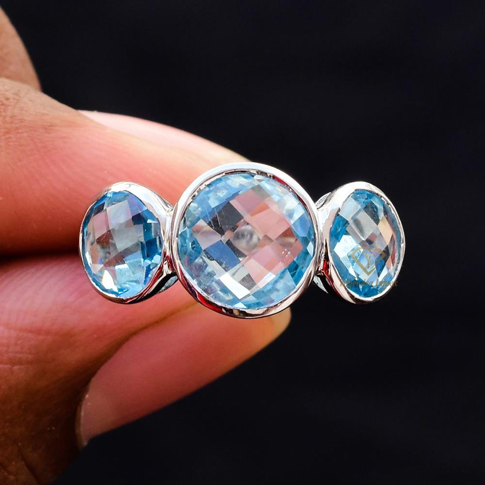 Three Stone Blue Topaz Gemstone Ring 925 Sterling Silver Handmade Blue Gemstone Fine Ring Jewelry For Wholesale Suppliers