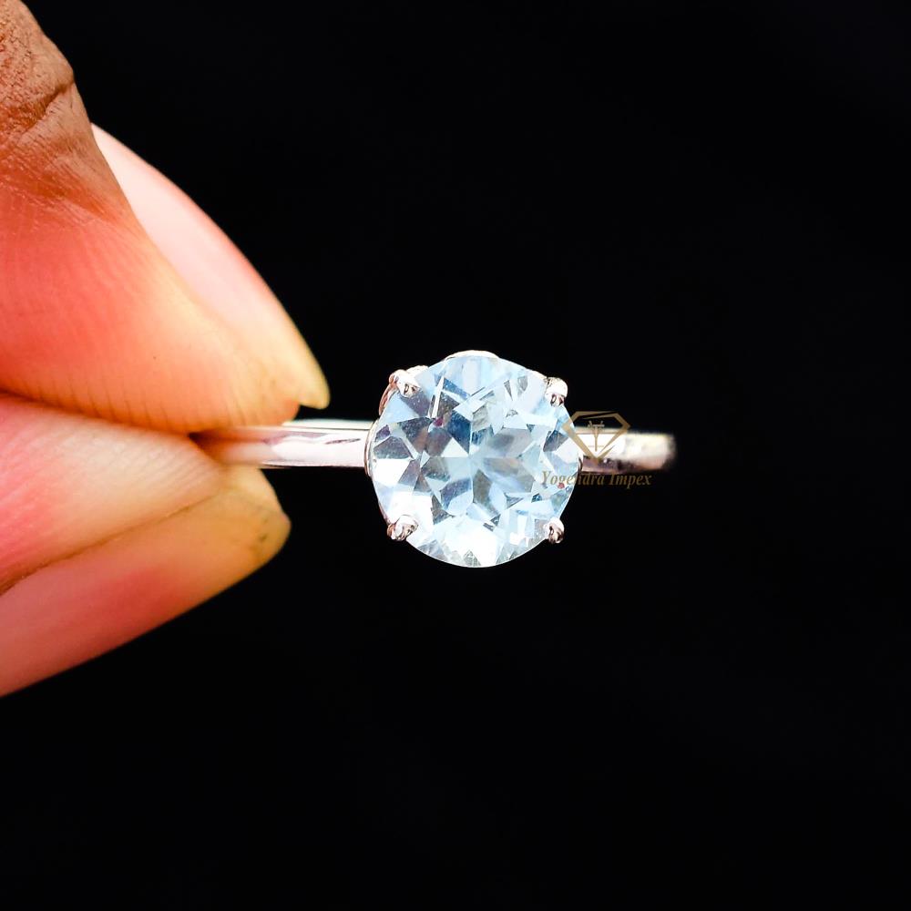 Handmade Natural Sky Blue Topaz Gemstone 925 Sterling Silver Ring Silver Round Shape Blue Stone Ring Jewelry For Supplier