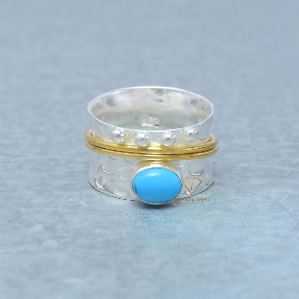 Handmade Natural Turquoise Gemstone Spinner 925 Sterling Silver Ring Blue Stone Thumb Ring For Wholesale Suppliers