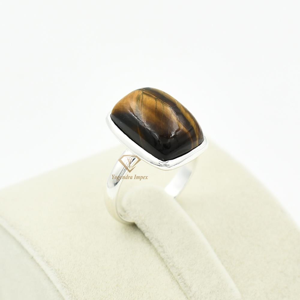 Cushion Shape Natural Tiger Eye Gemstone Ring 925 Sterling Silver Handmade Brown Gemstone Mothers Day Gift Ring For Women