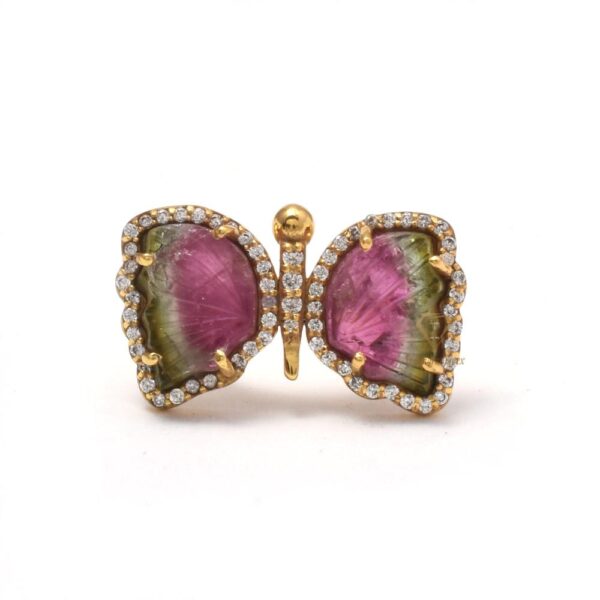 Natural Watermelon Tourmaline Gemstone Ring Sterling Silver/Carved Wing Anniversary Butterfly Gift Ring For Wholesale Suppliers
