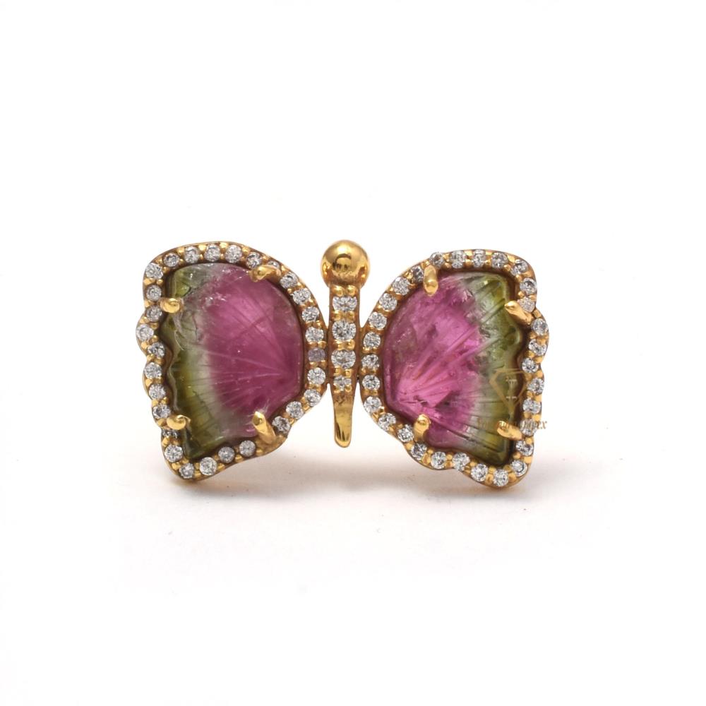 Natural Watermelon Tourmaline Gemstone Ring Sterling Silver/Carved Wing Anniversary Butterfly Gift Ring For Wholesale Suppliers