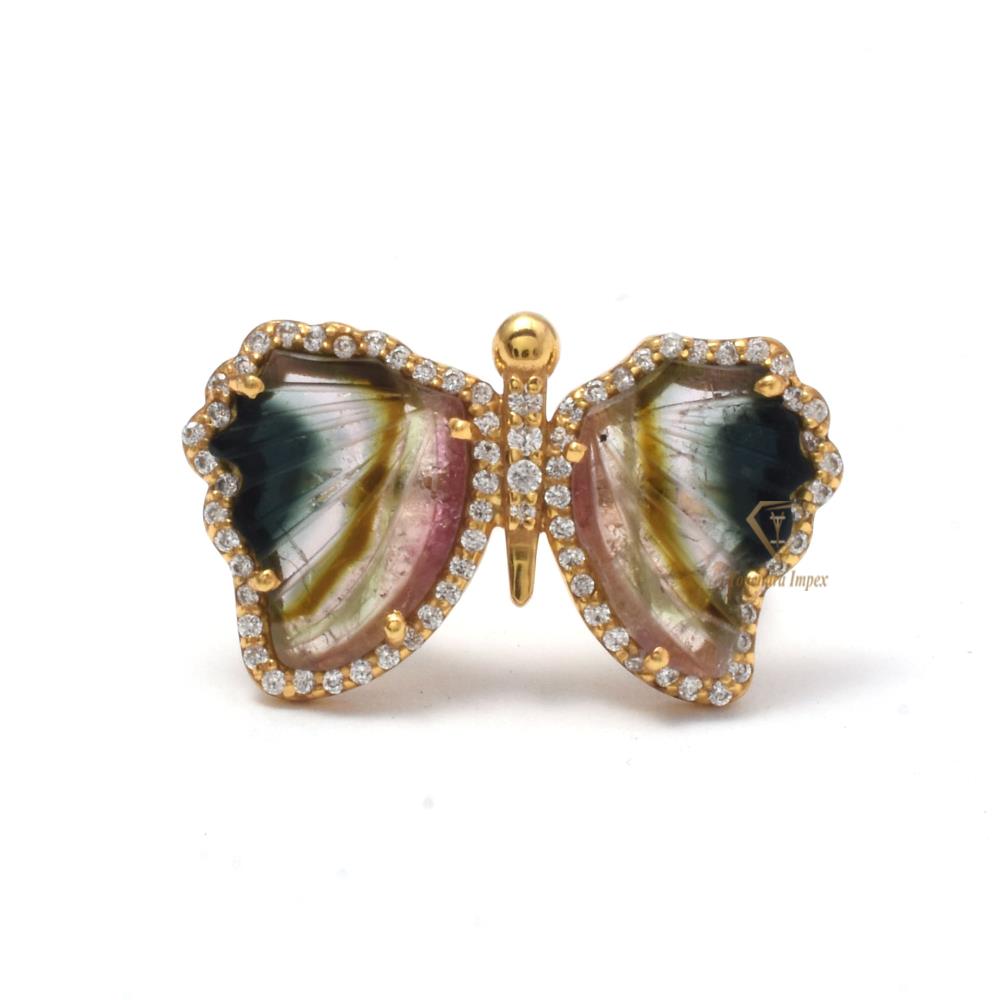 18k Micron Gold Plated Natural Multi Tourmaline Gemstone Ring/925 Sterling Silver Bridal Gift Ring For Wholesale Suppliers