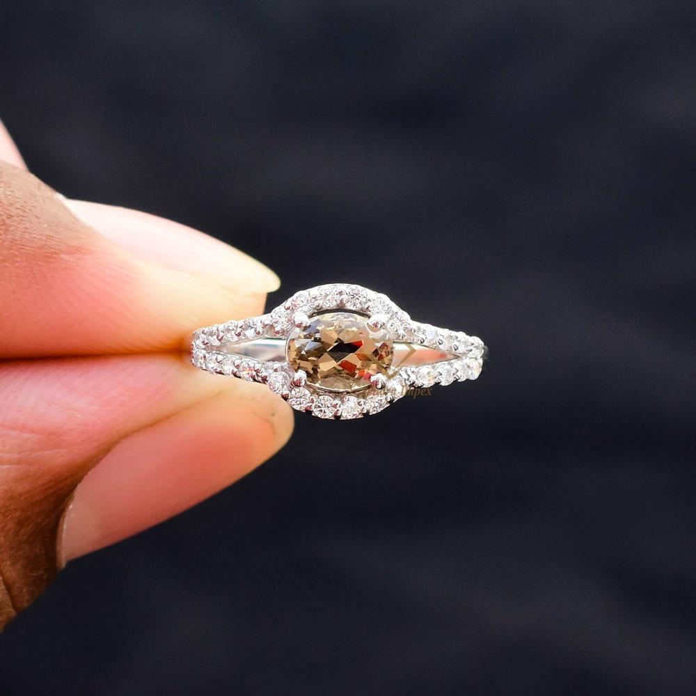 3A Grade Natural Smoky Quartz Gemstone CZ Ring 925 Sterling Silver Brown Gemstone Promise Ring For Women
