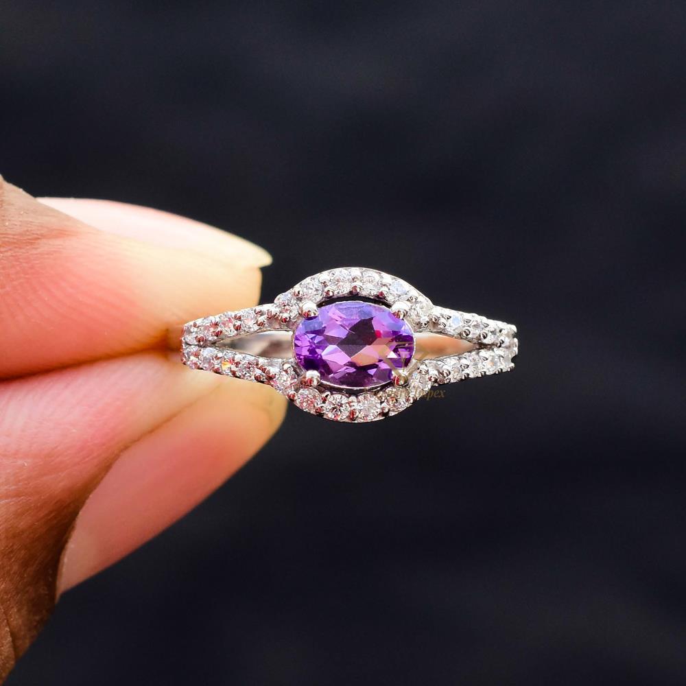 Natural Amethyst Gemstone Cluster Ring, 925 Sterling Silver Purple Gemstone CZ Anniversary Ring For Suppliers & Manufacturer