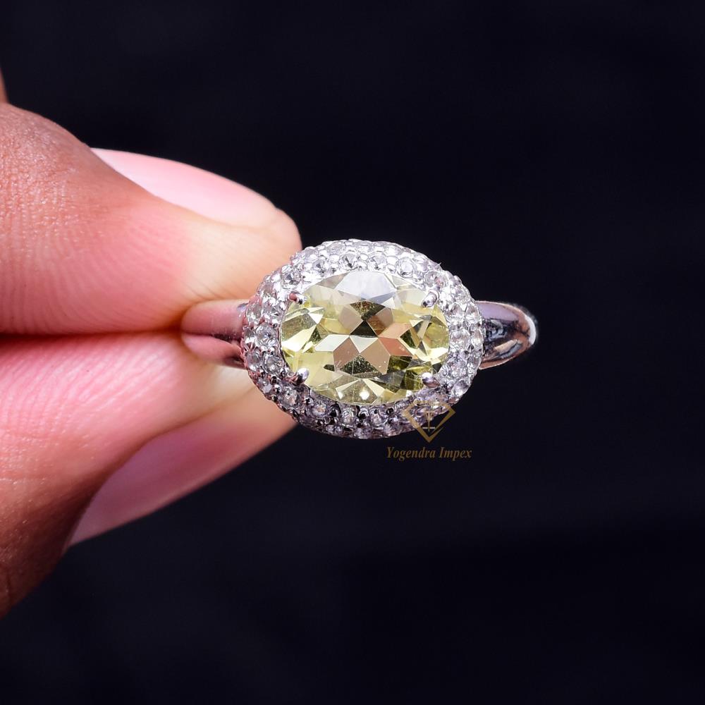 Elegant Natural Green Gold Gemstone 925 Sterling Silver Rings Handmade Prong Set Green Gemstone Ring For Wholesale Suppliers
