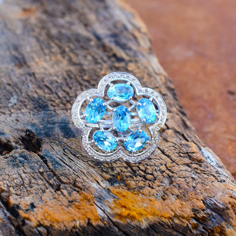 High Quality Natural Sky Blue Topaz Gemstone Sterling Silver Rings Wholesale Designer Ring White Rhodium Plated For Suppliers