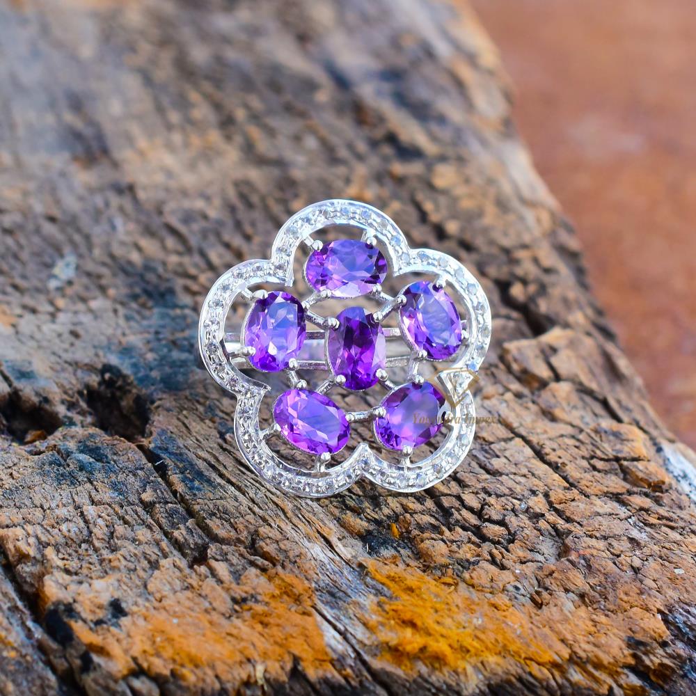 Top Quality Natural Amethyst Gemstone Ring 925 Sterling Silver Prong Set Handmade Ethnic Party Ring For Wholesale Suppliers
