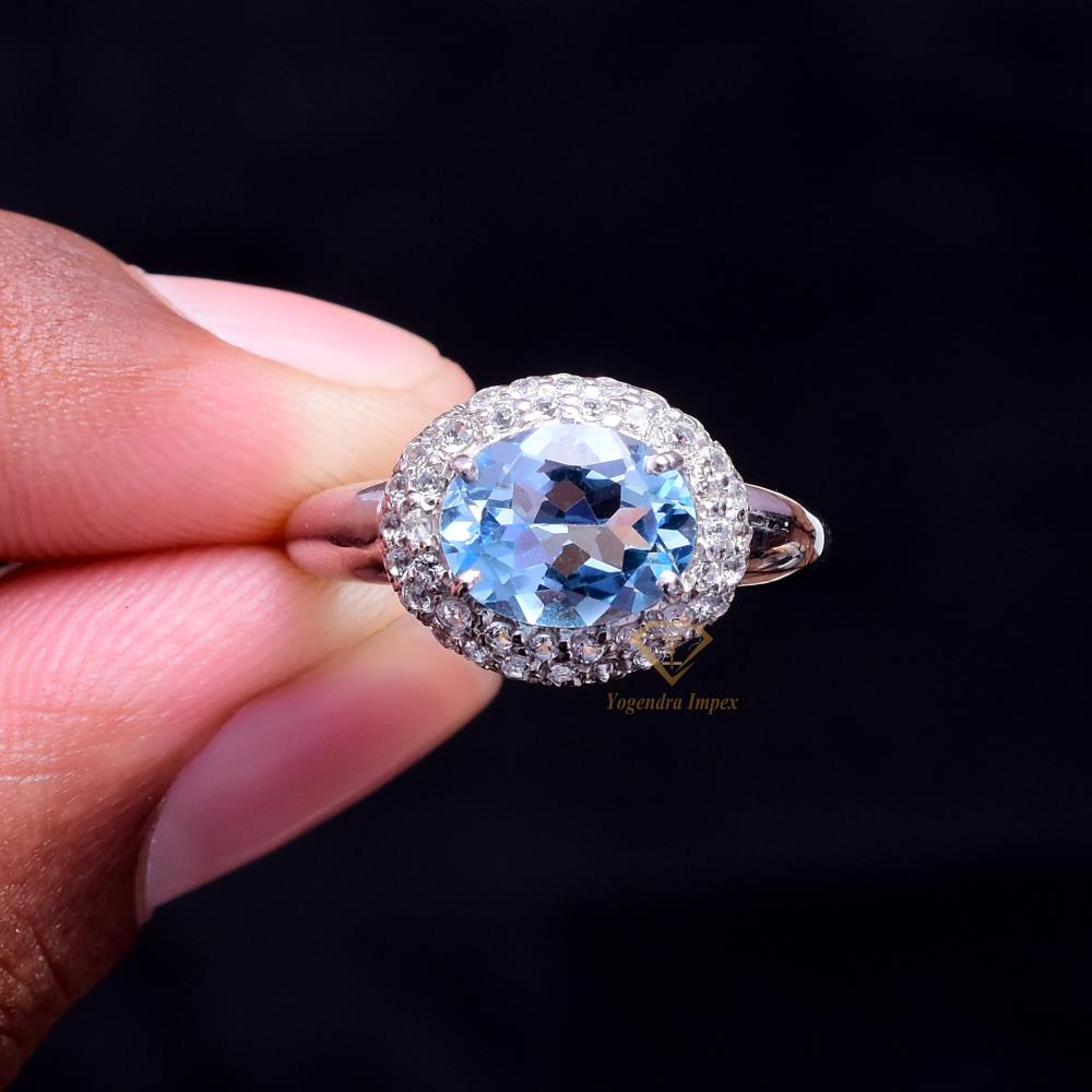 Top Quality Natural Sky Blue Topaz Gemstone 925 Sterling Silver Ring, Handmade White Rhodium Plated Designer Ring For Wholesaler