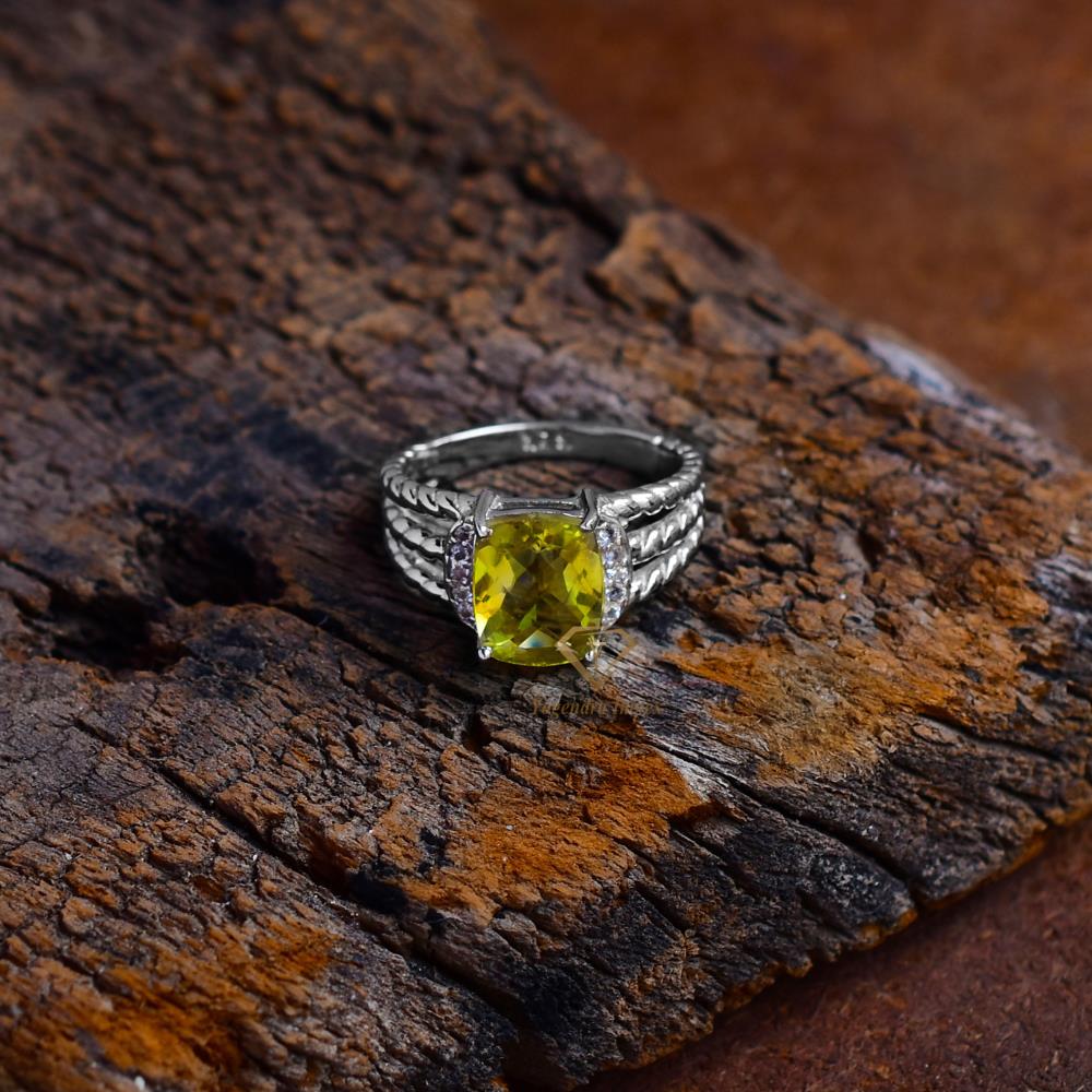 Gorgeous Natural Green Gold Gemstone 925 Sterling Silver Ring CZ Silver Ring Wholesaler Suppliers