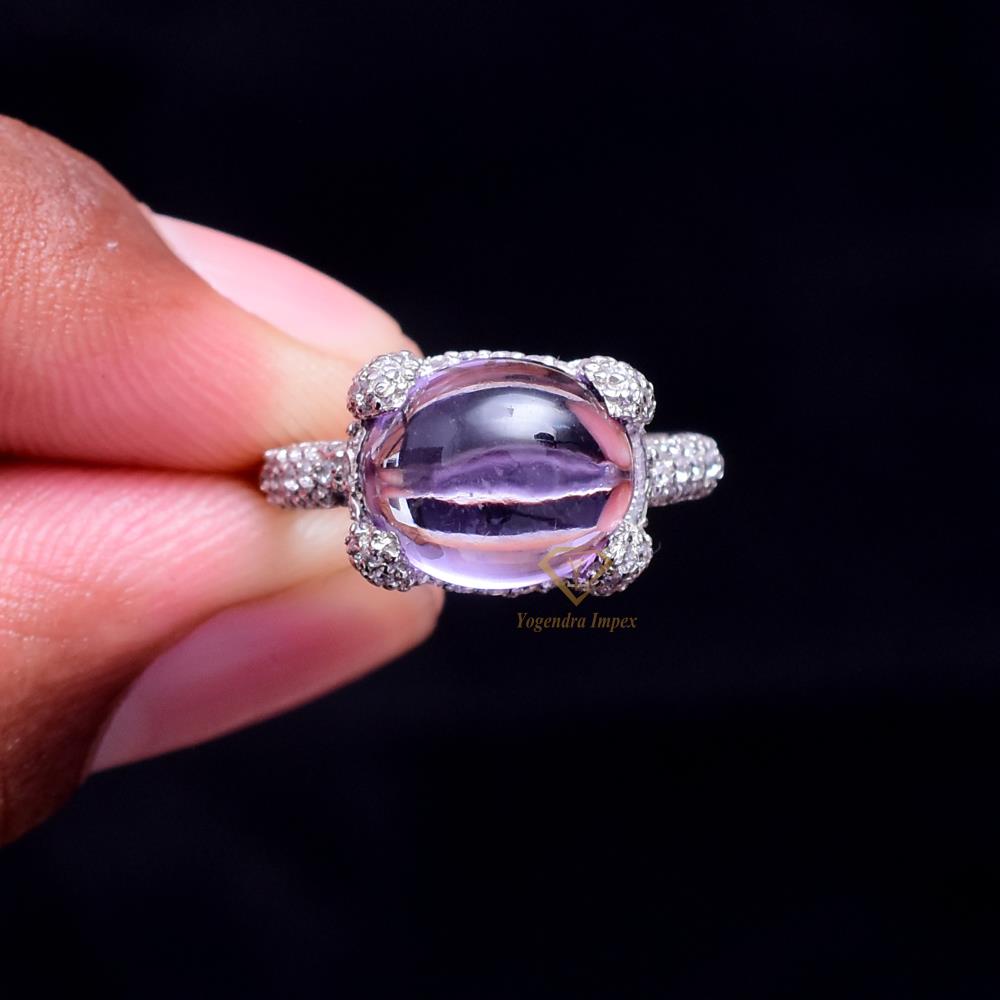 Natural Amethyst Gemstone 925 Sterling Silver Ring Oval Purple Gemstone Cubic Zircon Ring Jewelry For Suppliers & Manufacturer