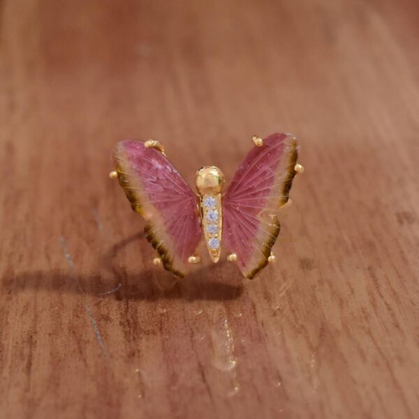 Wholesale 18k Gold Plated Natural Multi Tourmaline Gemstone Butterfly Ring 925 Sterling Silver Gemstone Insect Ring Supplies